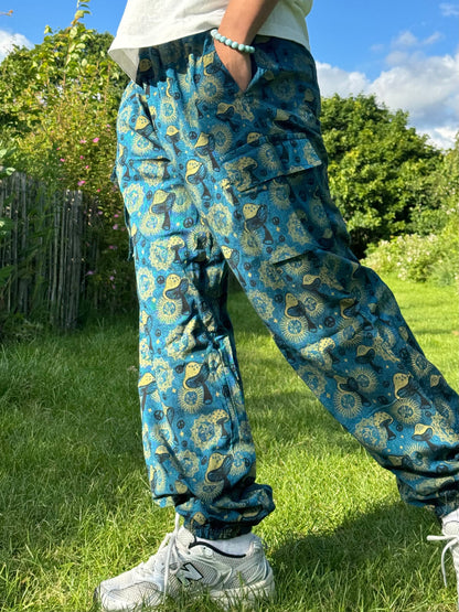 Hippie Mushroom Print Cotton Trousers: Festival Boho Pants