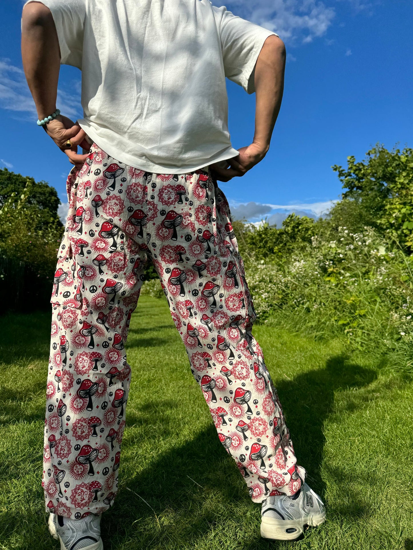 Hippie Mushroom Print Cotton Trousers: Festival Boho Pants