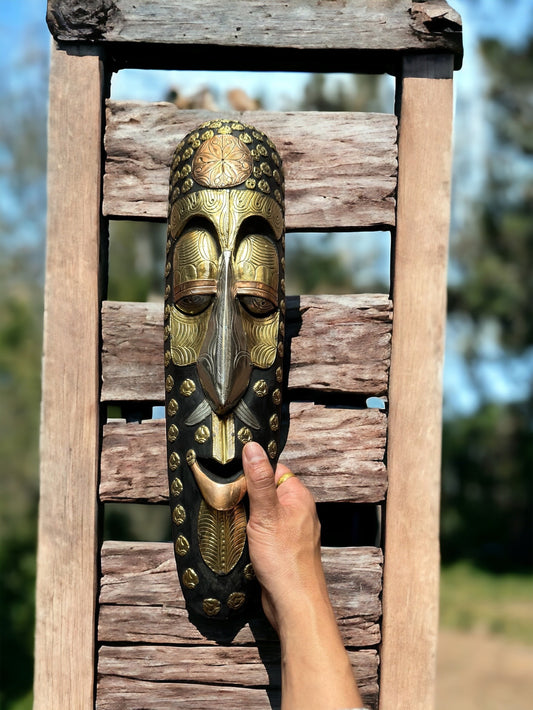 Handcrafted Brass and Wood Tribal Mask – African Art Wall Hanging