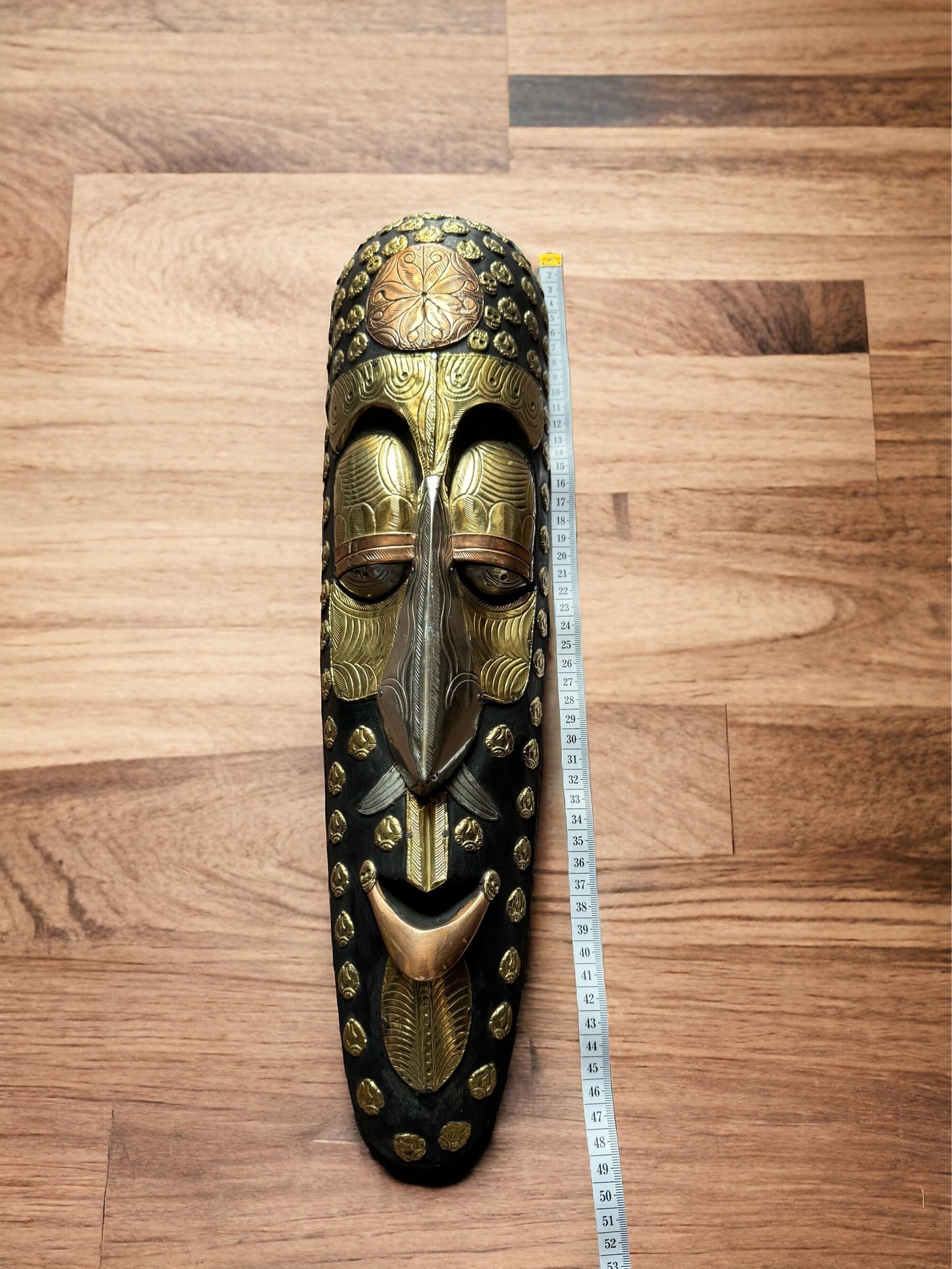 Handcrafted Brass and Wood Tribal Mask – African Art Wall Hanging
