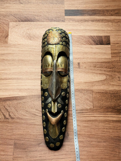 Handcrafted Brass and Wood Tribal Mask – African Art Wall Hanging