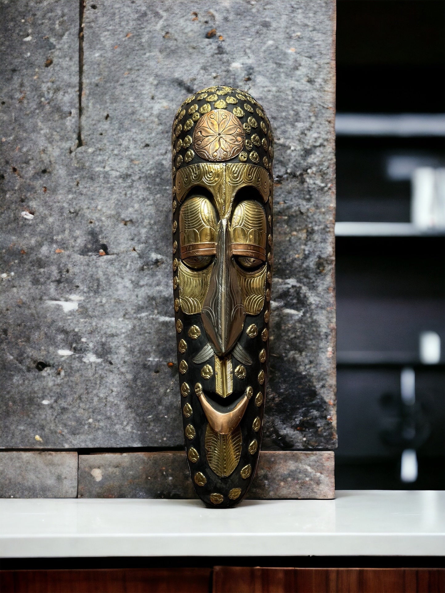 Handcrafted Brass and Wood Tribal Mask – African Art Wall Hanging