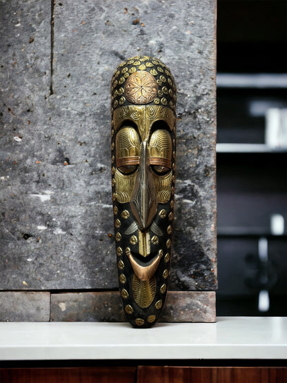 Handcrafted Brass and Wood Tribal Mask – African Art Wall Hanging