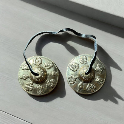 Vintage Tibetan Tingsha Cymbals with Symbols - 7 cm Diameter