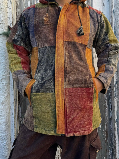 Patchwork Fleece Lined Hoodie Men | Boho Hippie Cotton Festival Jacket