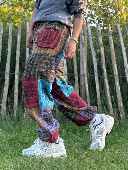 Boho Patchwork Trousers – Multicolour Festival Pants | Unisex Free Size | Handmade Hippie Pants from Nepal