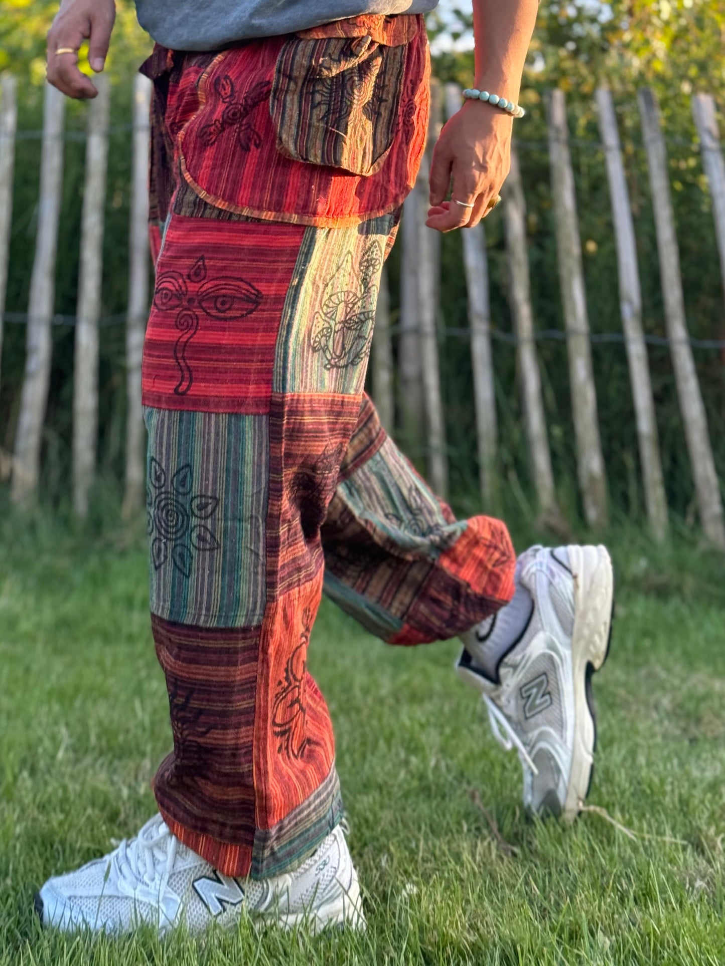 Boho Patchwork Trousers – Multicolour Festival Pants | Unisex Free Size | Handmade Hippie Pants from Nepal