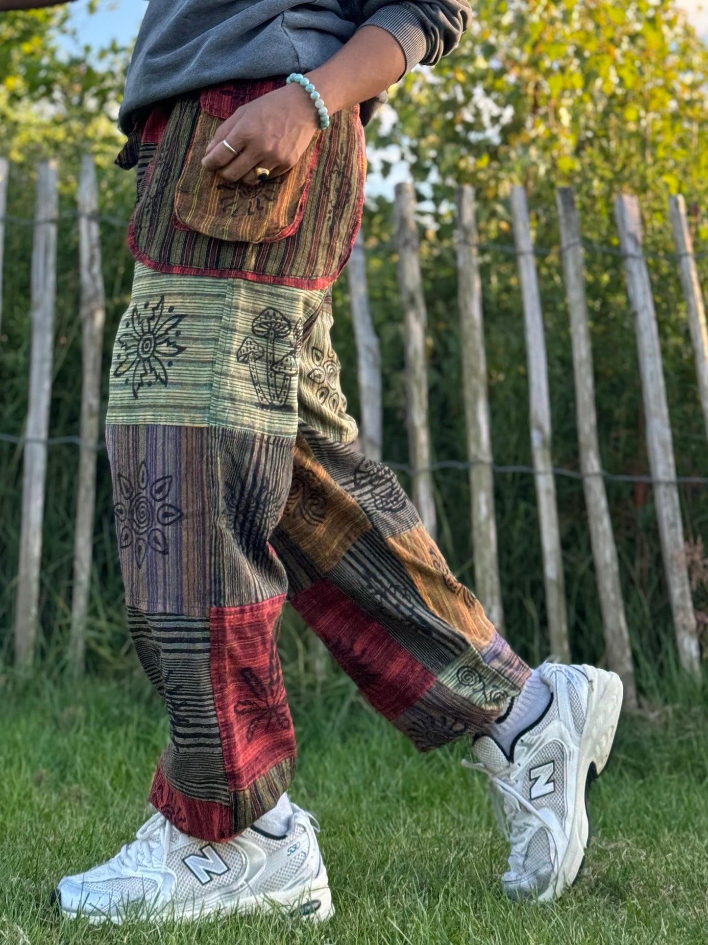 Boho Patchwork Trousers – Multicolour Festival Pants | Unisex Free Size | Handmade Hippie Pants from Nepal
