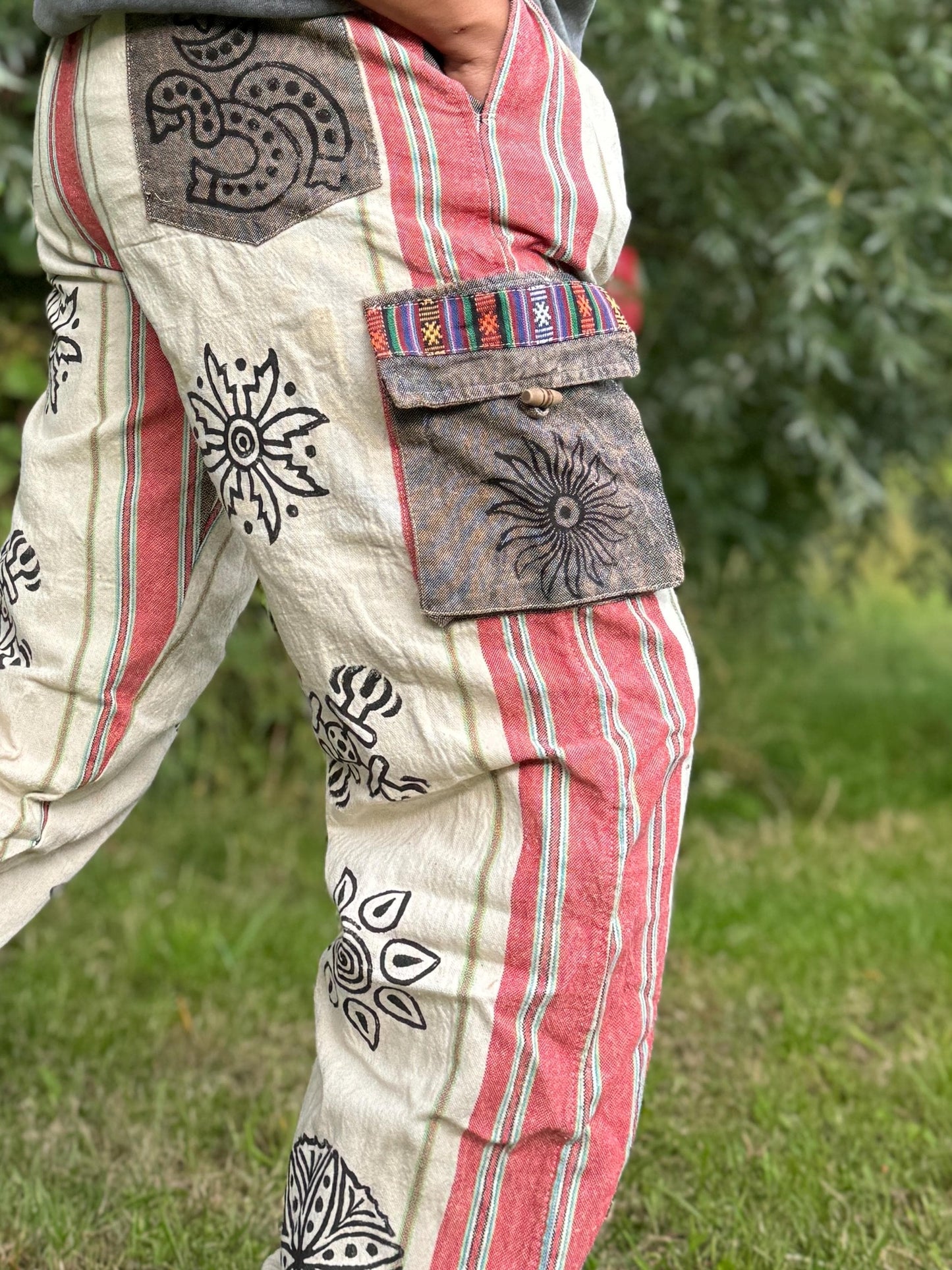 Handwoven Himalayan Cotton Cargo Pants: Festival Hippie Trousers