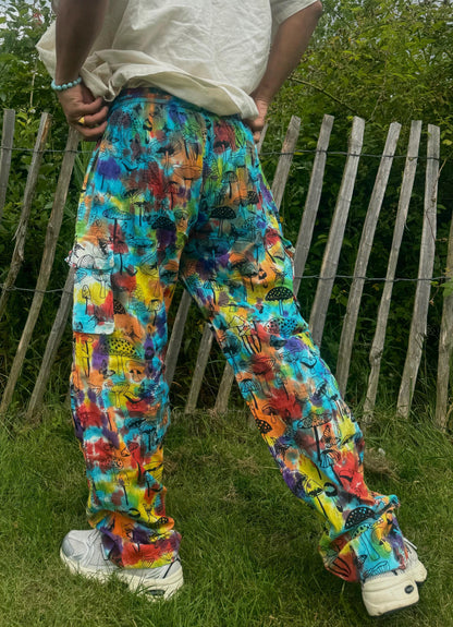 Unisex Tie Dye Hippie Pants: Mushroom Print Cotton Festival Trousers