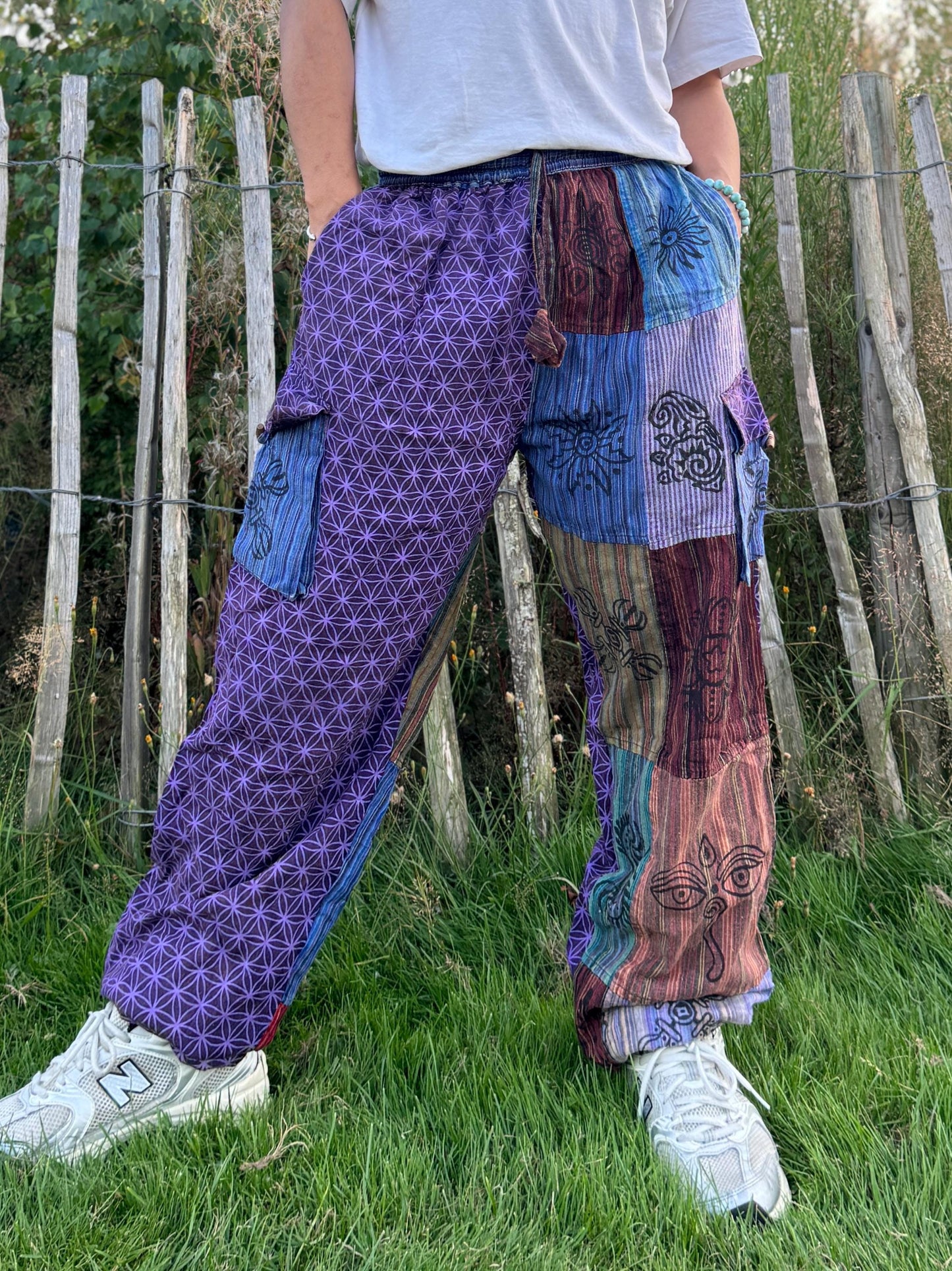 Flower of Life Patchwork Cotton Trousers: Unisex Festival Pants