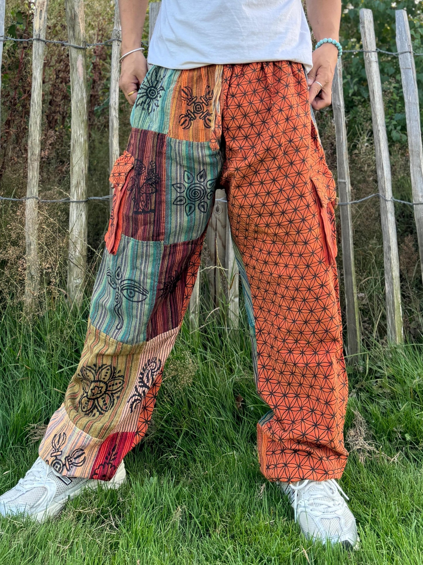 Flower of Life Patchwork Cotton Trousers: Unisex Festival Pants