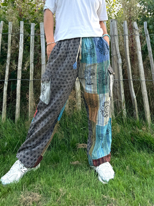Patchwork Cotton Trouser: Unisex Hippie Pants with Flower of Life Print