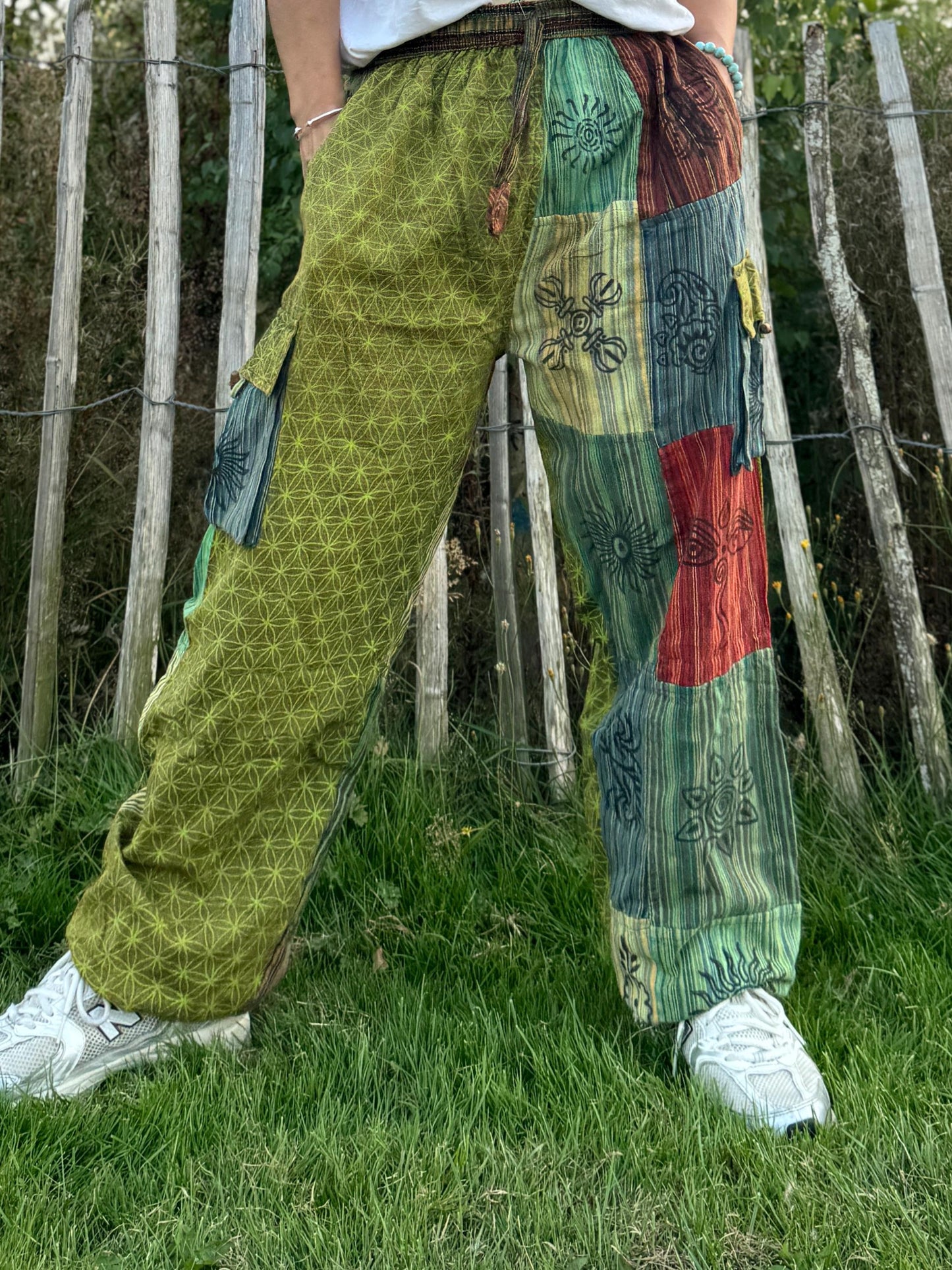Patchwork Cotton Harem Pants: Flower of Life Print, Unisex Festival Trousers