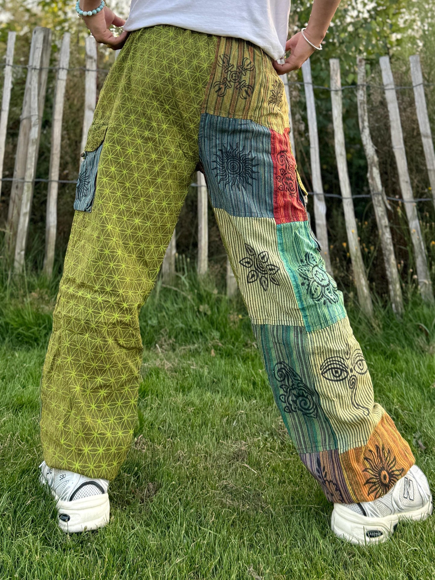 Patchwork Cotton Harem Pants: Flower of Life Print, Unisex Festival Trousers