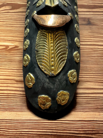 Handcrafted Brass and Wood Tribal Mask – African Art Wall Hanging