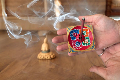 Hand Painted Wooden Incense Holder, Floral Boho Meditation Yoga Decor