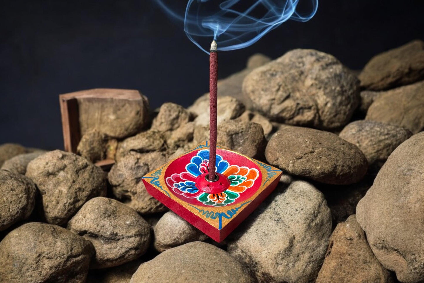 Hand Painted Wooden Incense Holder, Floral Boho Meditation Yoga Decor