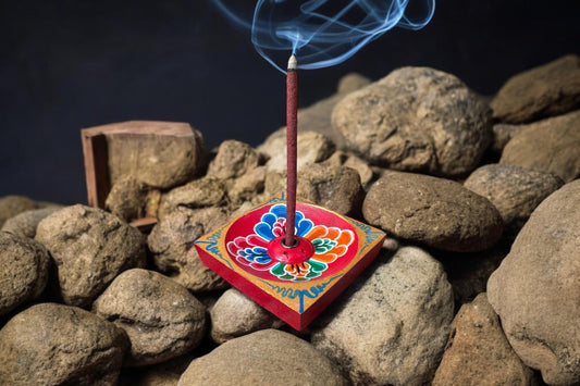 Hand Painted Wooden Incense Holder, Floral Boho Meditation Yoga Decor