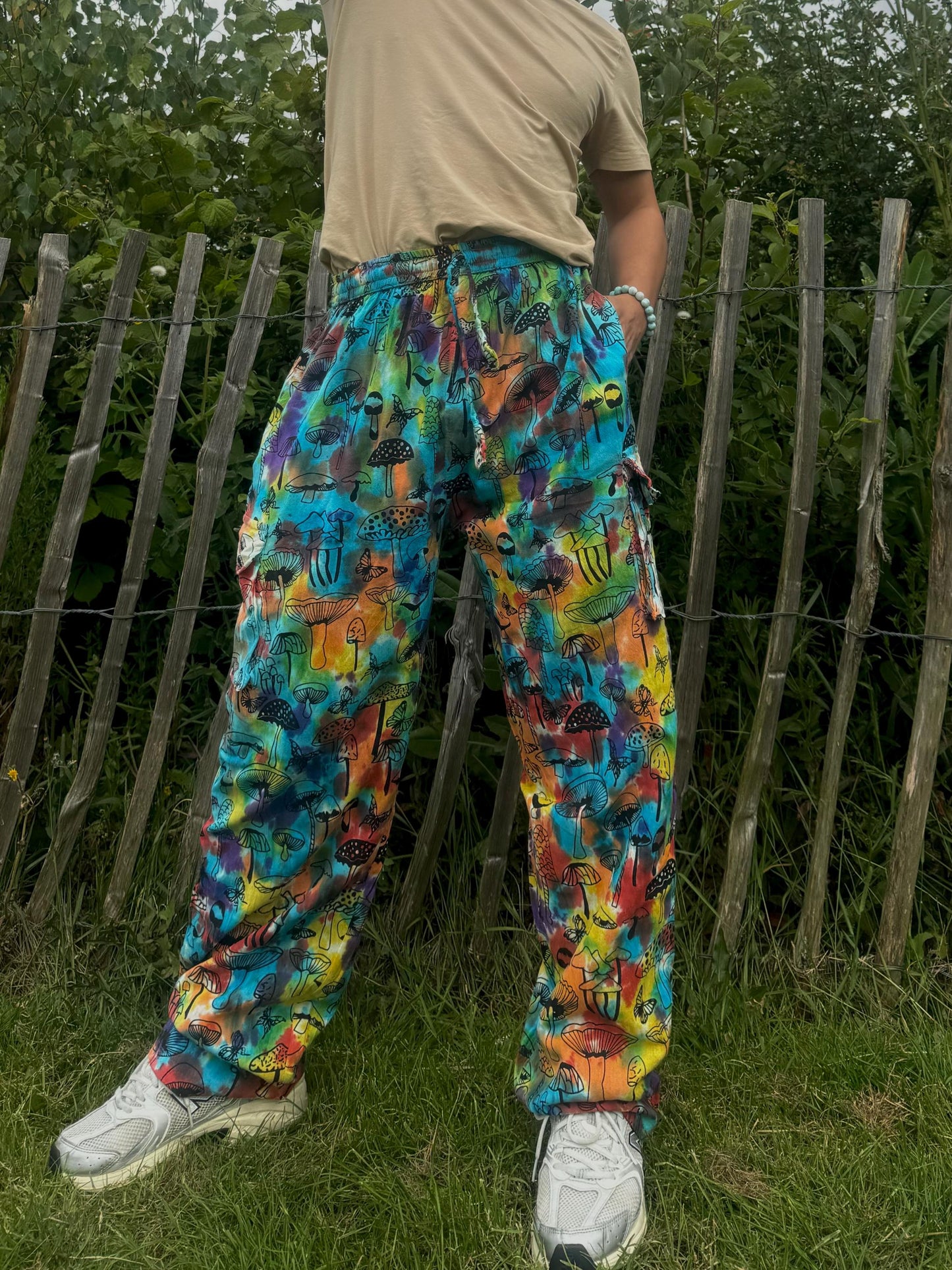 Unisex Tie Dye Hippie Pants: Mushroom Print Cotton Festival Trousers