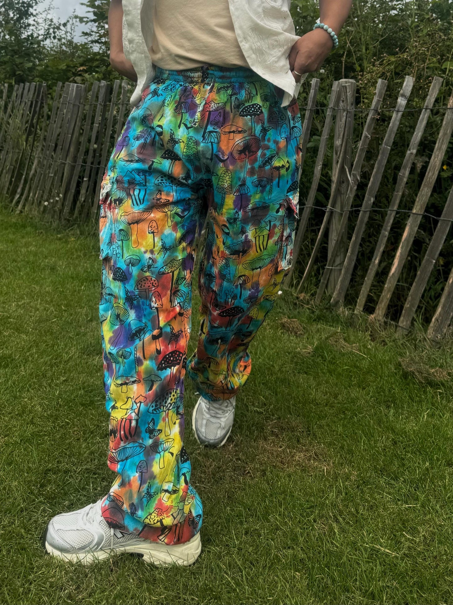 Unisex Tie Dye Hippie Pants: Mushroom Print Cotton Festival Trousers