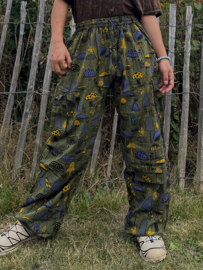 Mushroom Print Cotton Yoga Pants: Unisex Hippie Festival Trousers