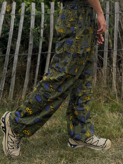 Mushroom Print Cotton Yoga Pants: Unisex Hippie Festival Trousers