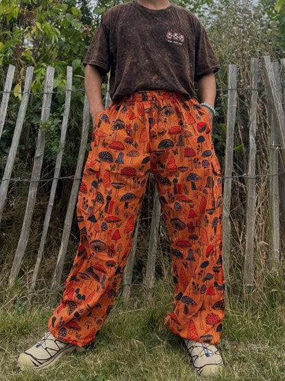 Mushroom Print Cotton Yoga Pants: Unisex Hippie Festival Trousers