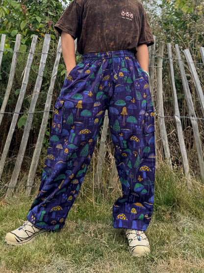 Mushroom Print Cotton Yoga Pants: Unisex Hippie Festival Trousers