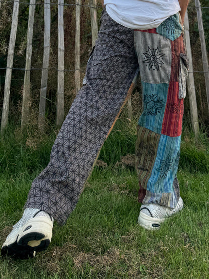 Flower of Life Patchwork Cotton Trousers: Unisex Festival Pants