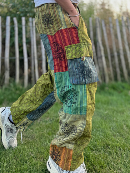 Flower of Life Patchwork Cotton Trousers: Unisex Festival Pants