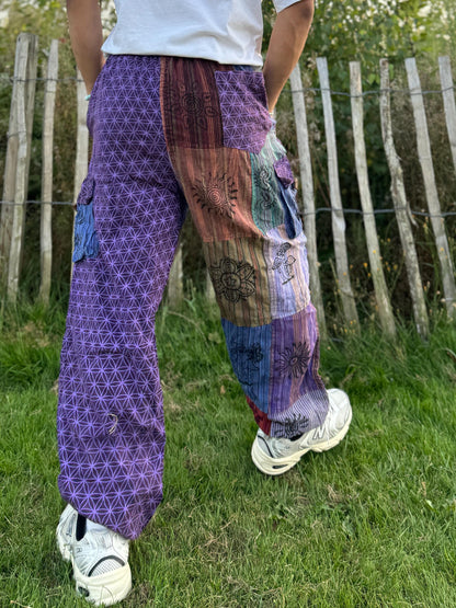 Patchwork Cotton Harem Pants: Flower of Life Print, Unisex Festival Trousers