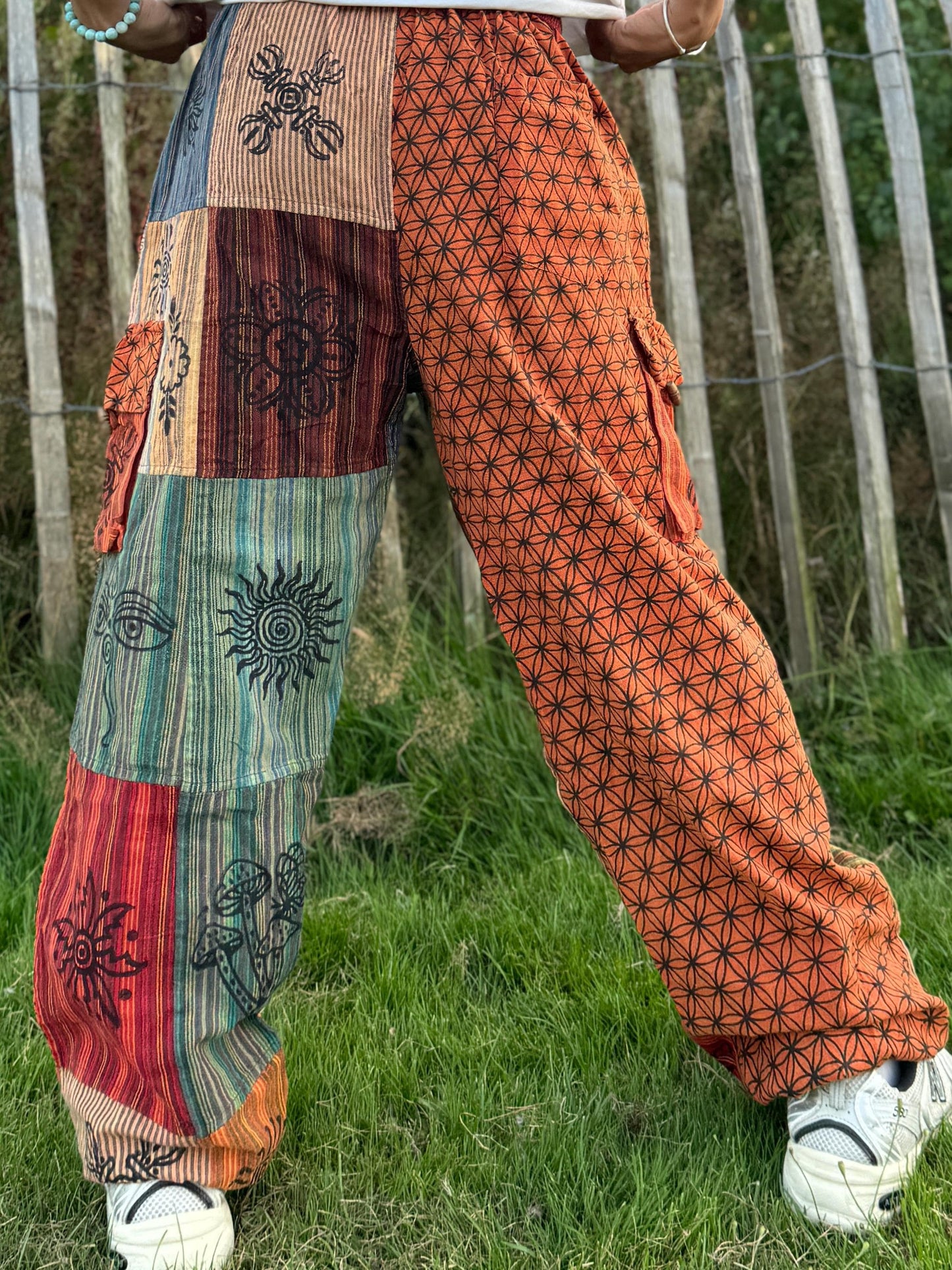 Patchwork Cotton Harem Pants: Flower of Life Print, Unisex Festival Trousers