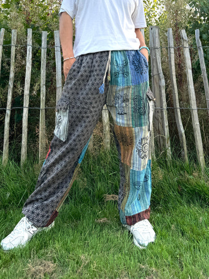 Patchwork Cotton Harem Pants: Flower of Life Print, Unisex Festival Trousers