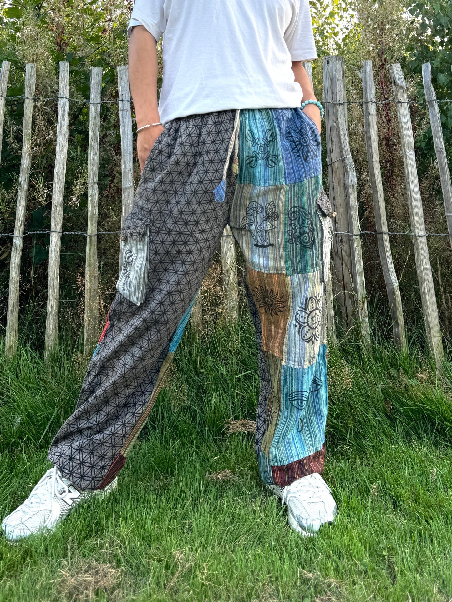 Patchwork Cotton Trousers: Unisex Hippie Festival Pants
