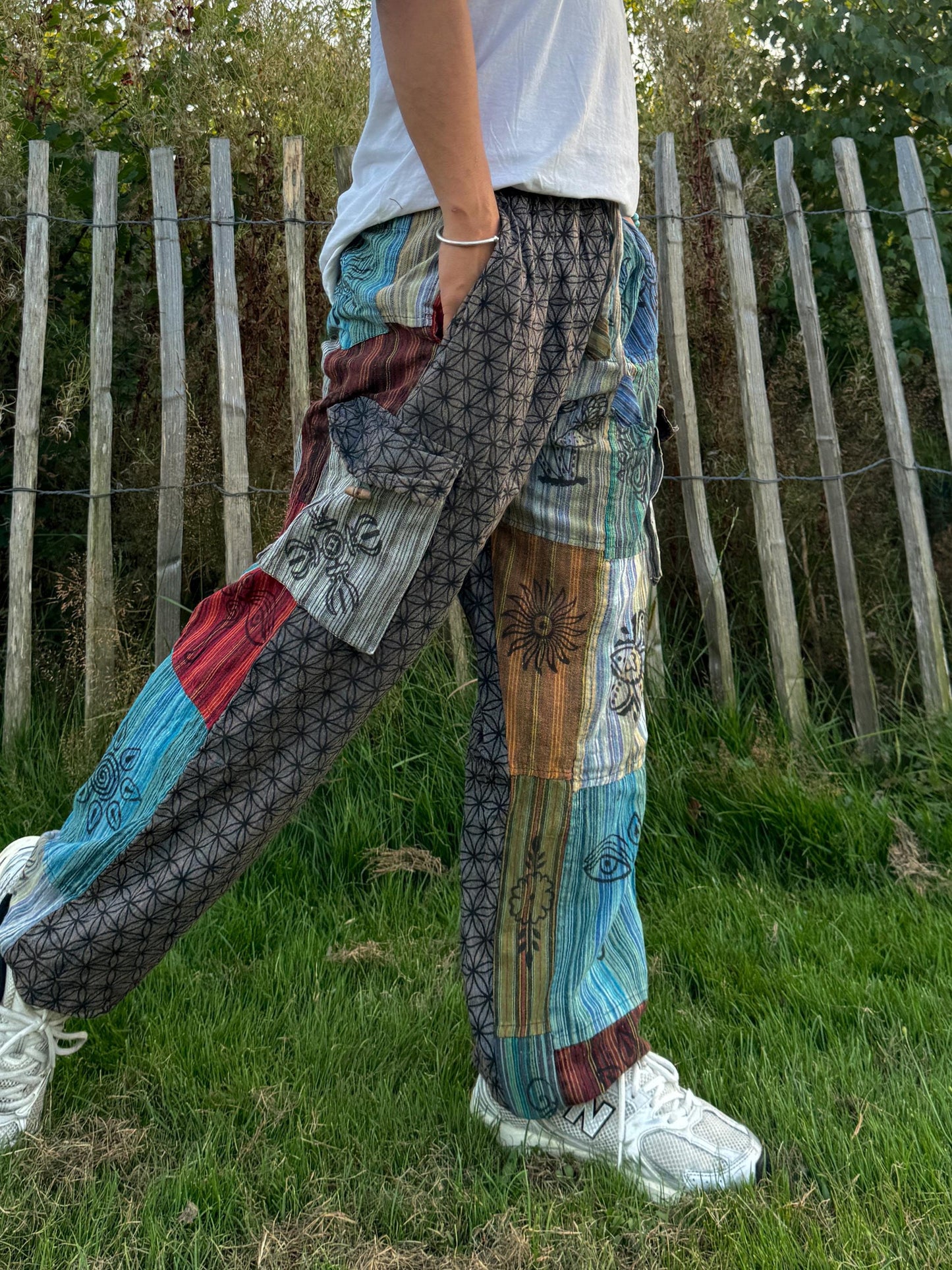 Patchwork Cotton Harem Pants: Flower of Life Print, Unisex Festival Trousers