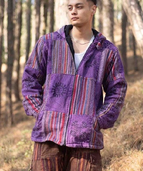 Patchwork Fleece Lined Hoodie Men | Boho Hippie Cotton Festival Jacket