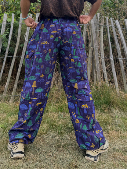 Mushroom Print Cotton Yoga Pants: Unisex Hippie Festival Trousers