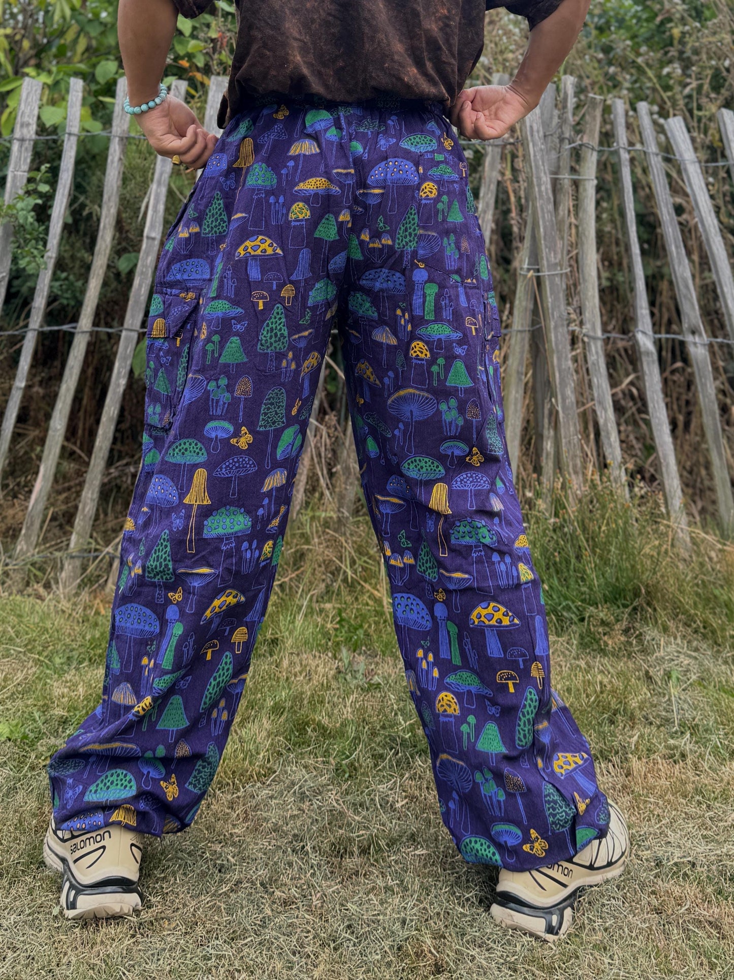 Mushroom Print Hippie Cotton Pants: Unisex Festival Yoga Trousers