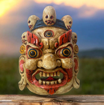 Hand Carved Mahakala Wood Mask: Nepali Bhairav Wall Hanging
