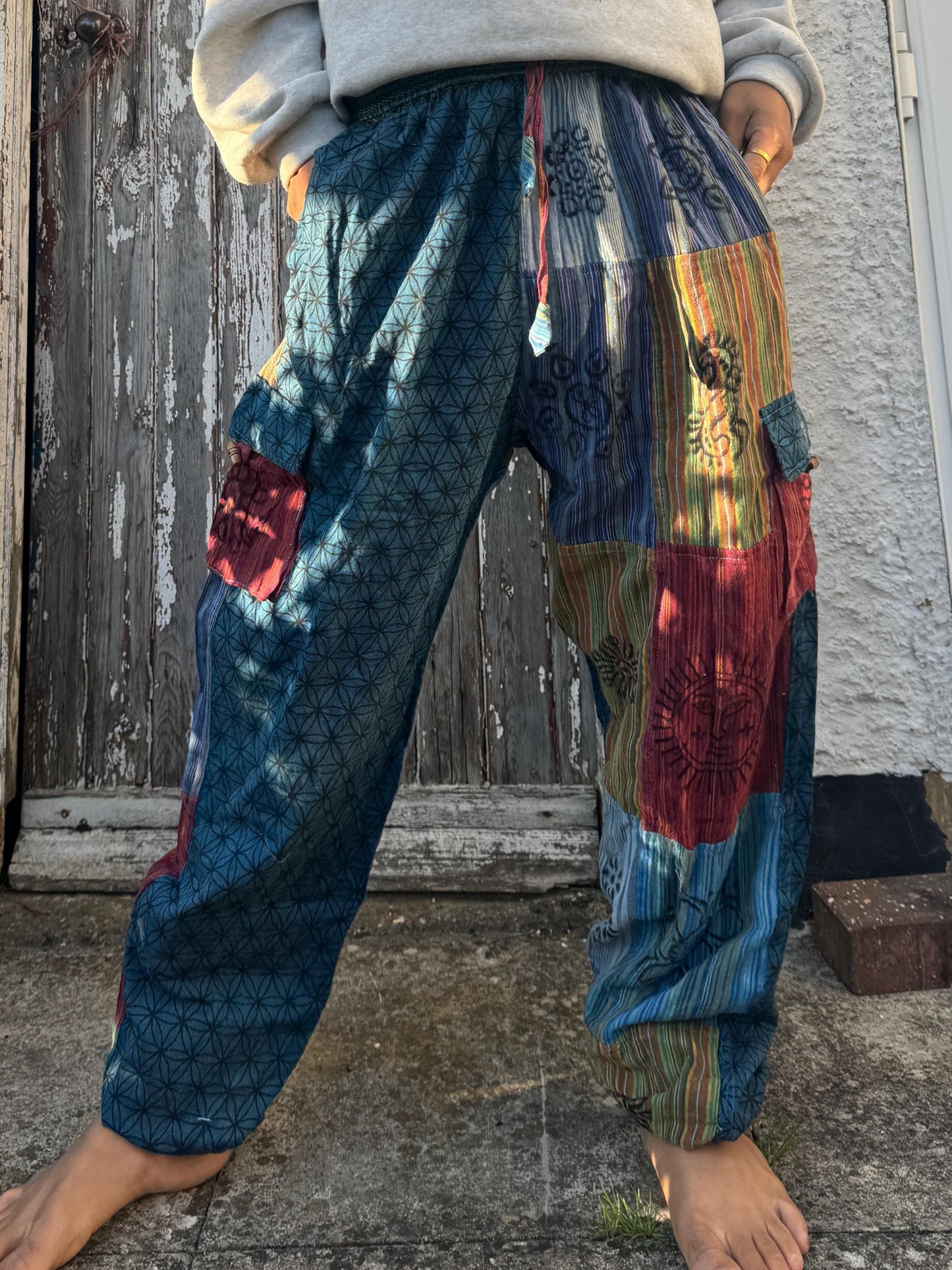 Flower of Life Patchwork Cotton Trousers: Unisex Festival Pants