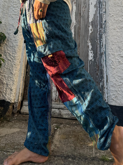Flower of Life Patchwork Cotton Trousers: Unisex Festival Pants