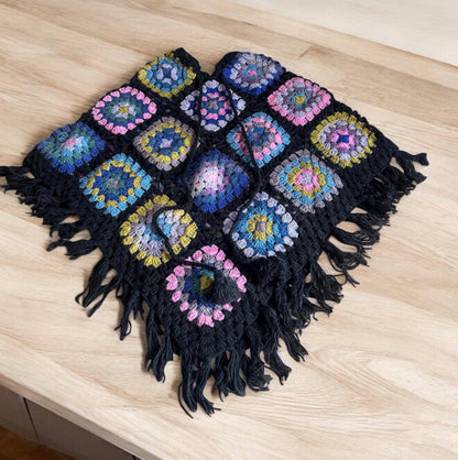 Handknitted Wool Poncho: Boho Floral Festival Wrap