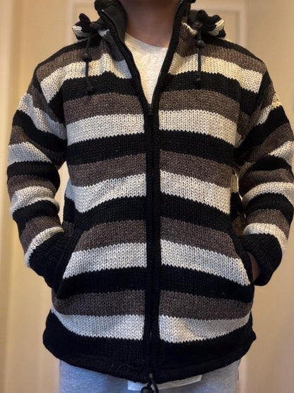 Handmade Wool Fleece Lined Knitted Jacket: Nepali Winter Hoodie