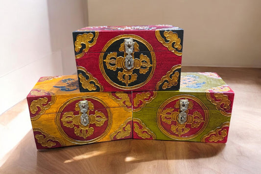 Handmade Tibetan Box: Thangka Inlay, Stone Setting, Nepal Decor