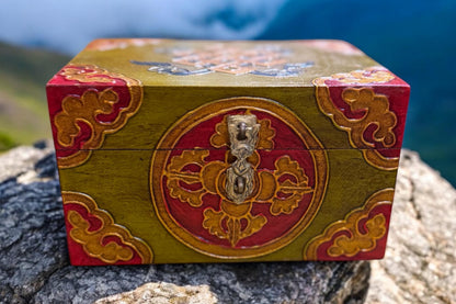 Handmade Tibetan Box: Thangka Inlay, Stone Setting, Nepal Decor
