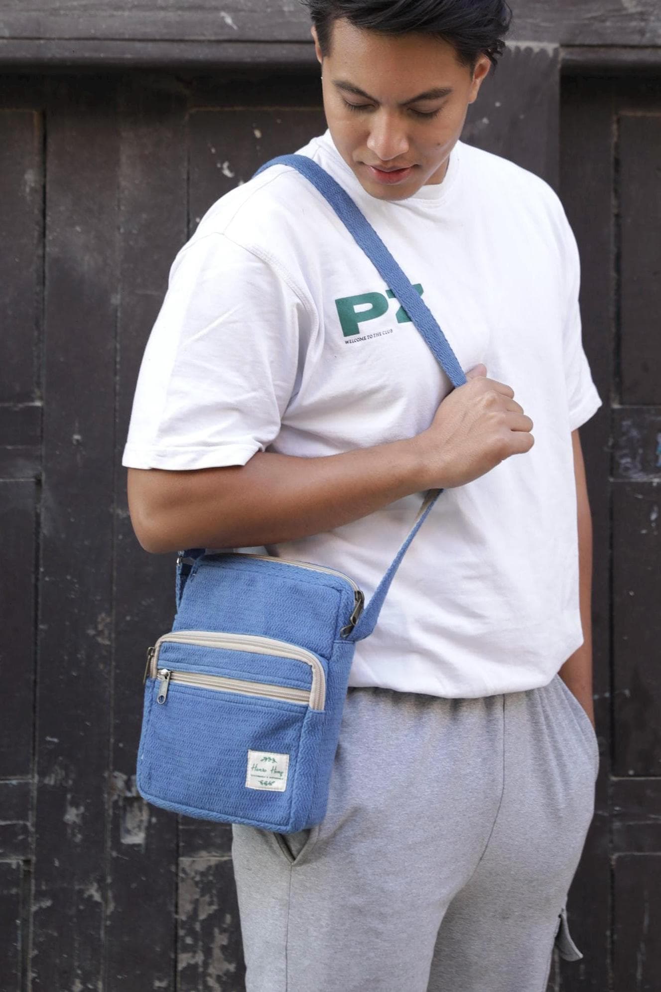Handmade Cotton Crossbody Bag with Adjustable Strap and Three Zip Compartments