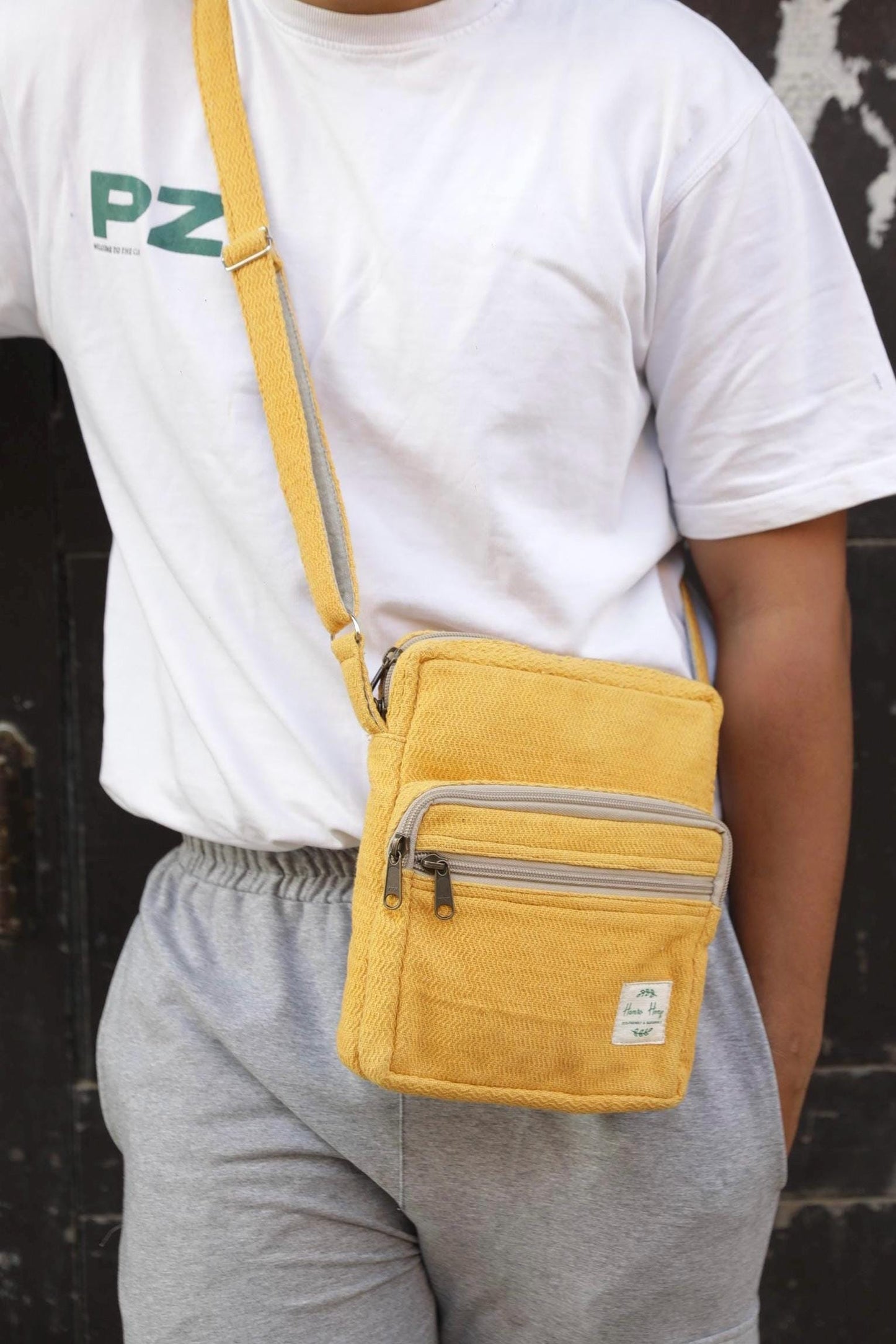 Handmade Cotton Crossbody Bag with Adjustable Strap and Three Zip Compartments