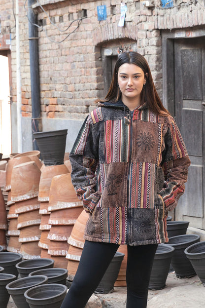 Patchwork Fleece Lined Hoodie Men | Boho Hippie Cotton Festival Jacket