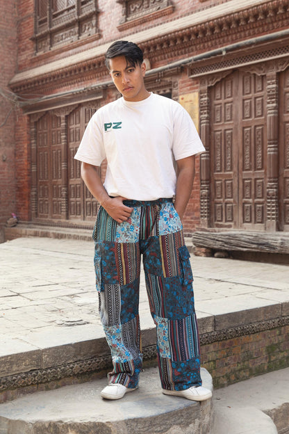 Patchwork Cotton Pants: Unisex Mushroom Print Festival Trousers